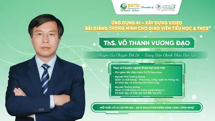 Thẻ giới thiệu ThS. Võ Thanh Vương Đạo, giảng viên chính khoá Ứng dụng AI xây dựng video bài giảng