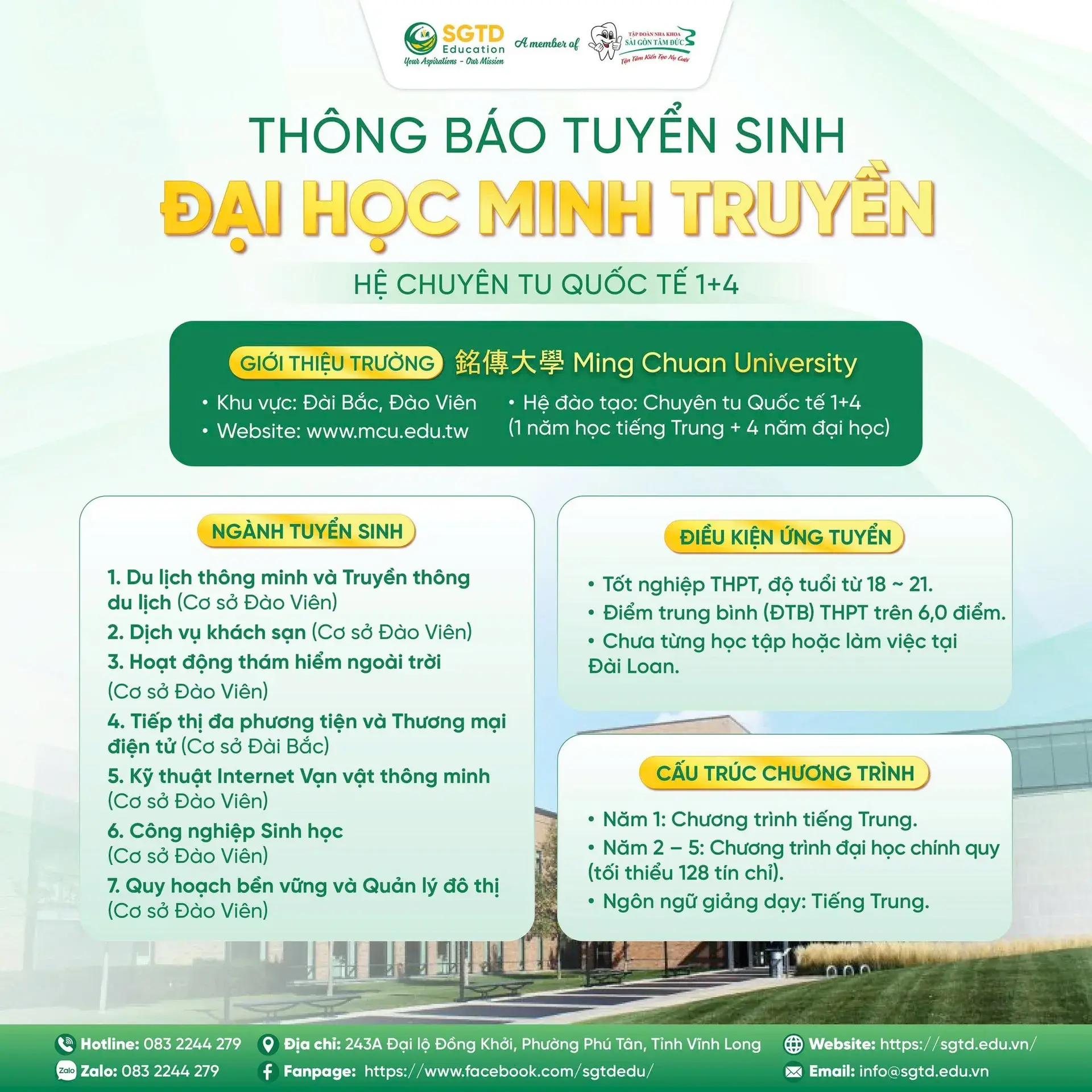 Thông tin chi phí và ngành tuyển sinh Đại học Minh Truyền 2026
