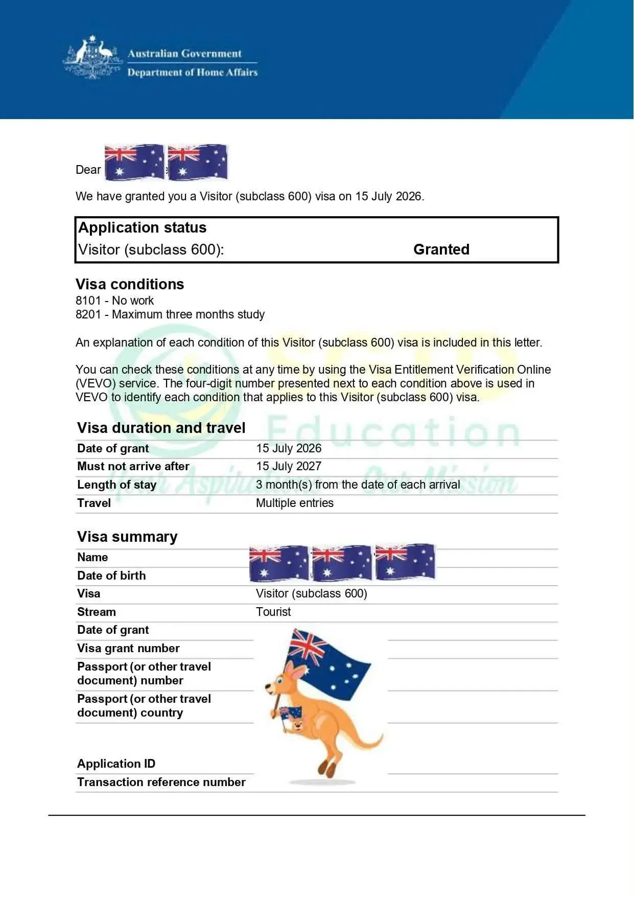 Thư chấp thuận visa — Ba khách hàng nhận visa du lịch Úc